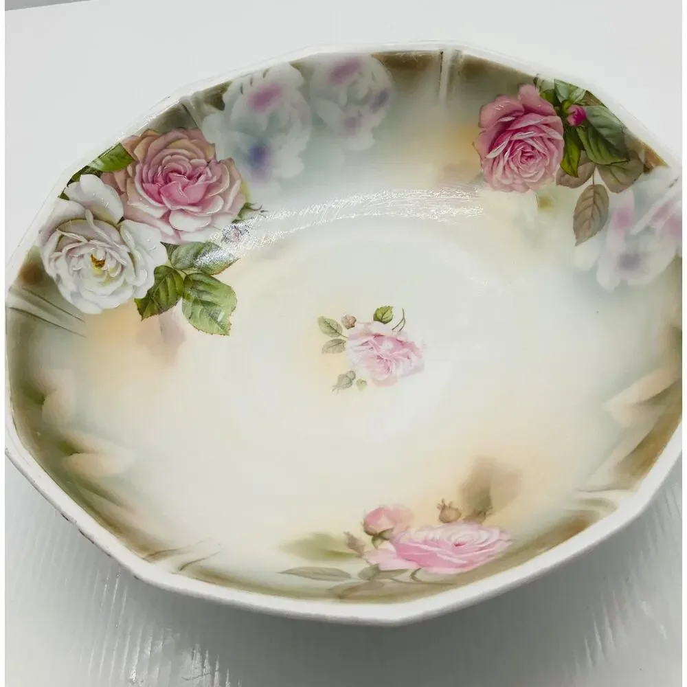 Antique Porcelain Serving Bowl Pink White Roses Scalloped Hand Painted